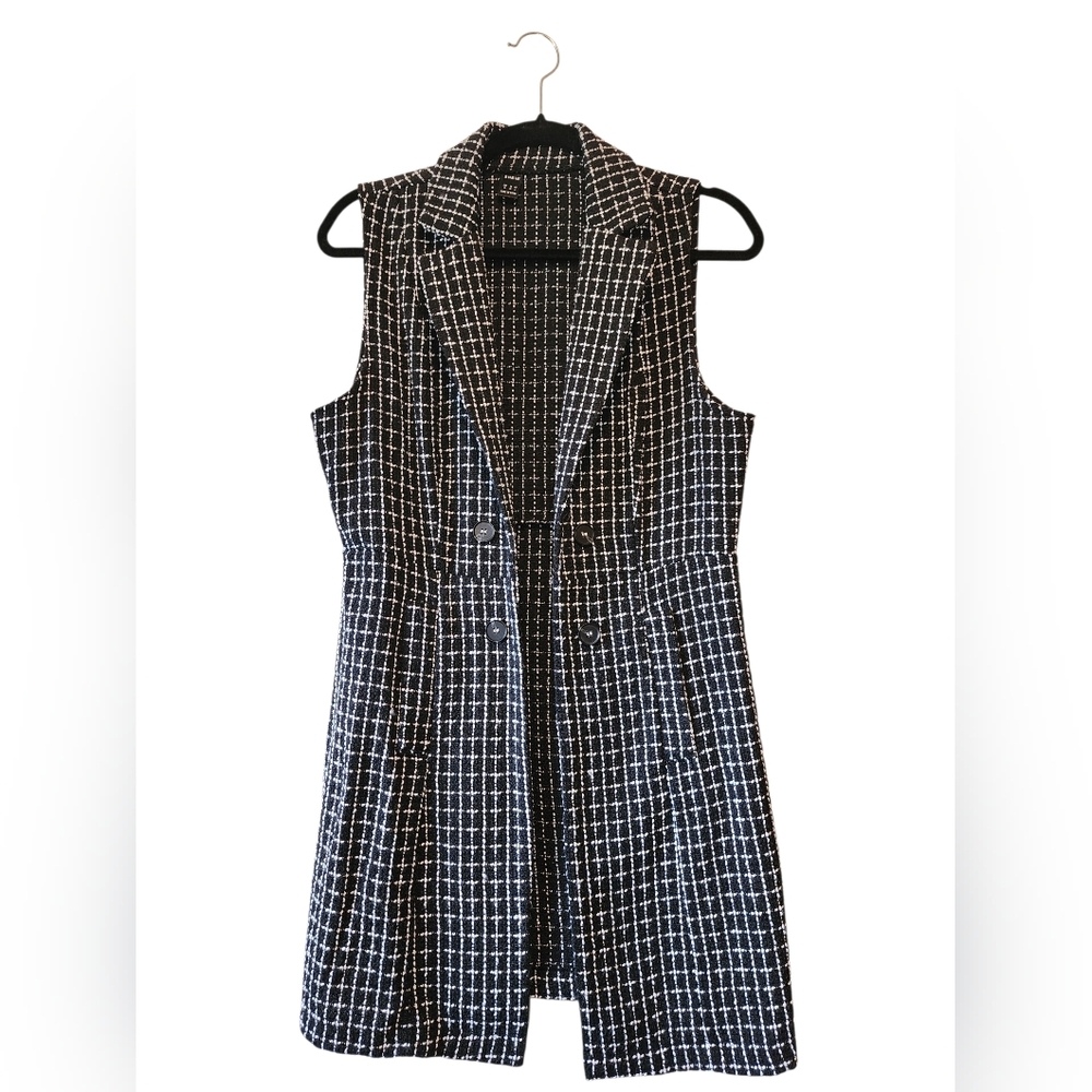 SHEIN Black and White Plaid Tweed Longline Vest Blazer Size M - Picture 2 of 5